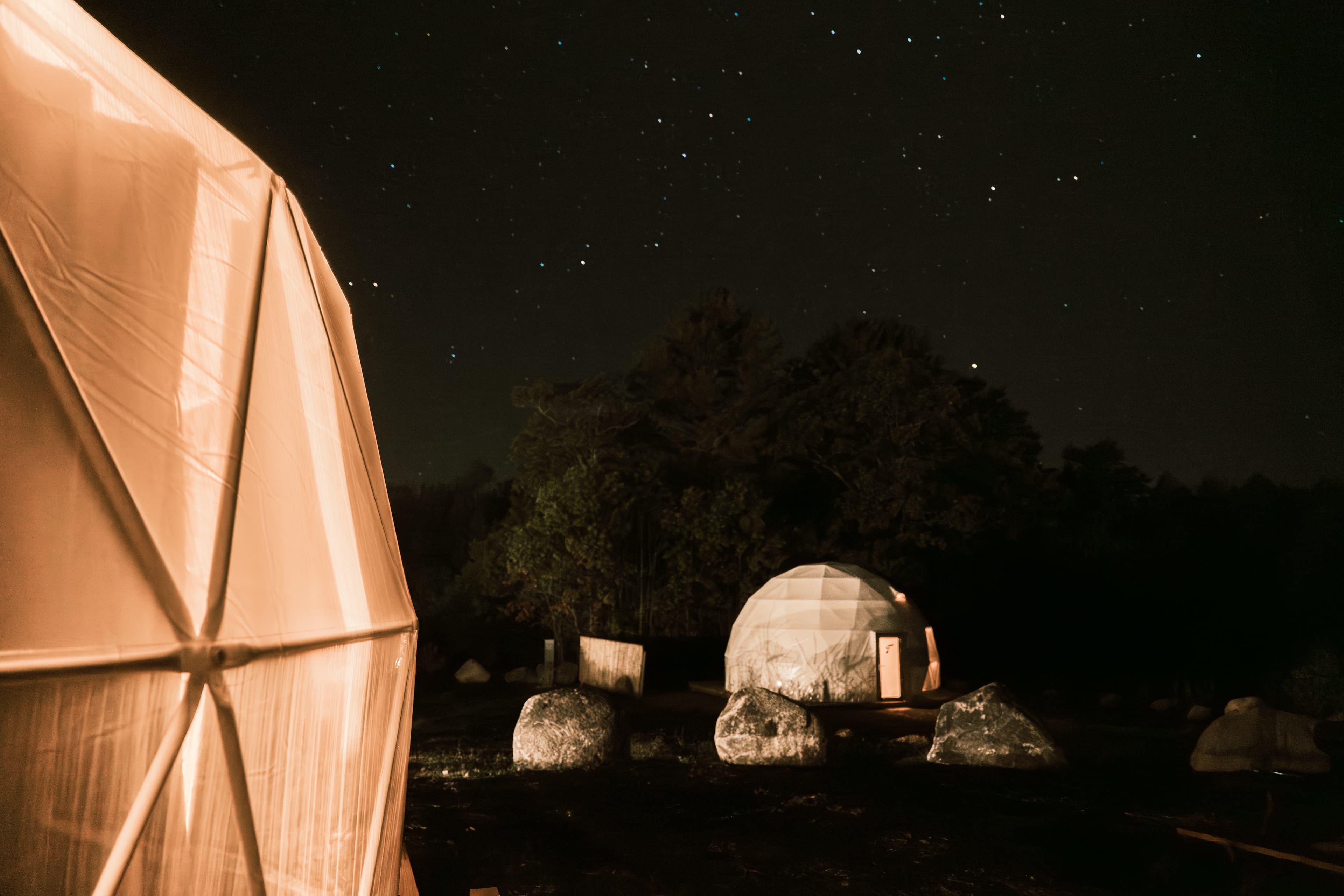 Glamping dome at night